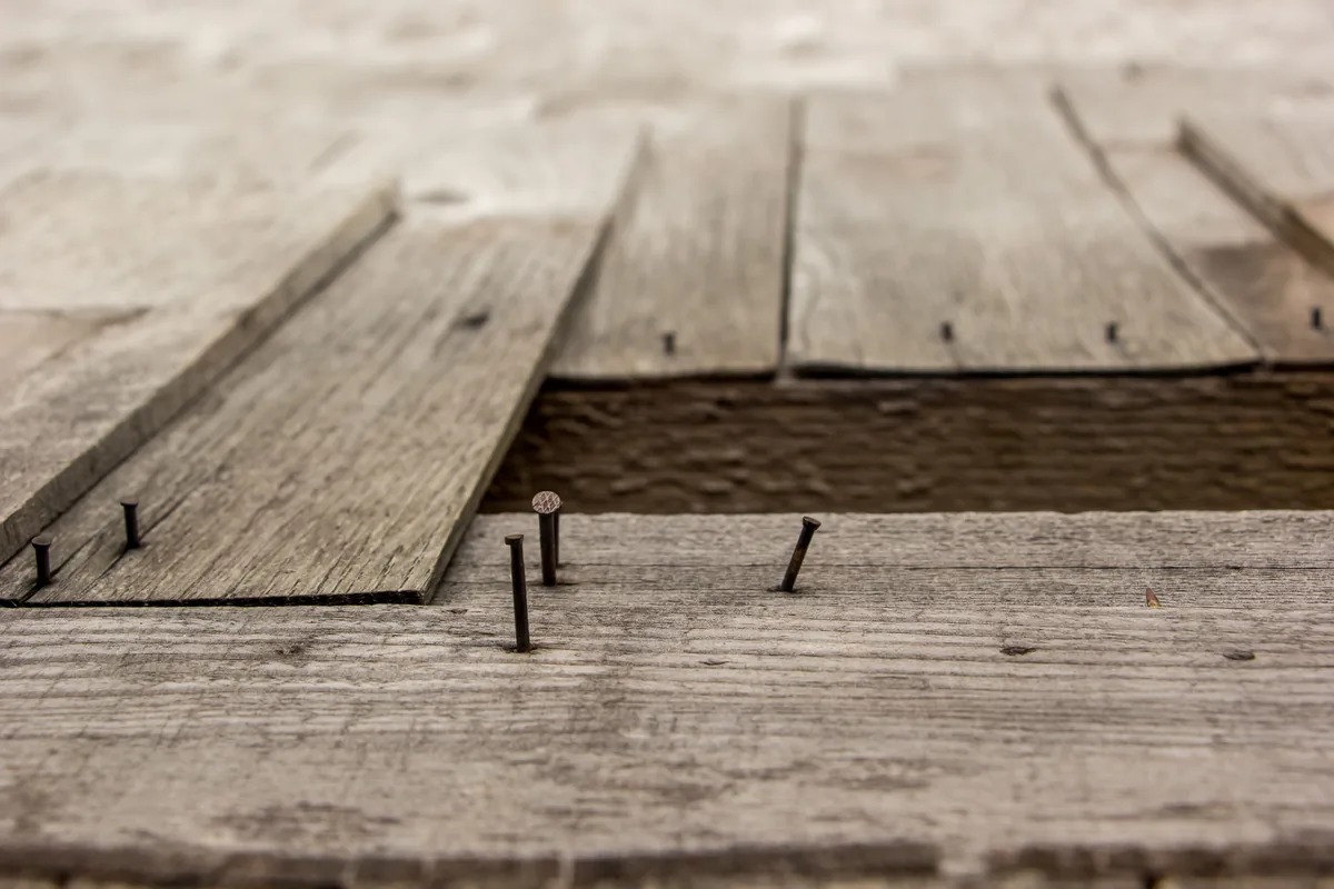 Exposed Florida subfloor showing rotted plywood decking removed to reveal joists beside a concrete slab section
